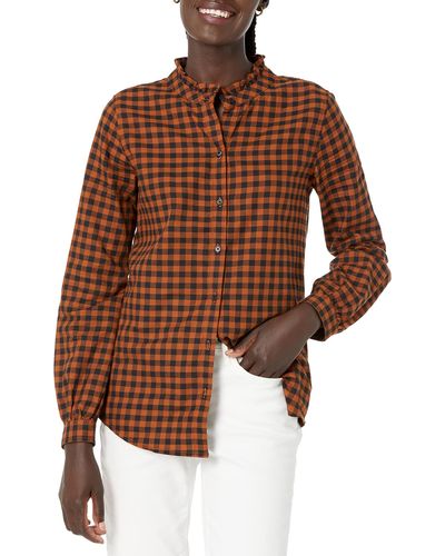 Amazon Essentials Long-sleeve Ruffle Detail Flannel Shirt - Brown