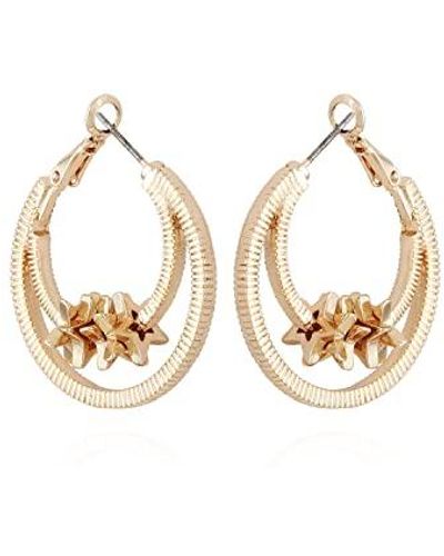 Guess Gold Tone Small Double Hoop Earrings With Star Charms - Metallic