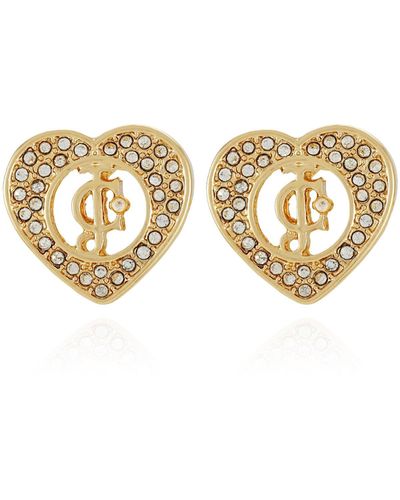 Juicy Couture Pave Crystal Glass Stone Heart Shaped And Initials Logo Stud Earrings - Metallic