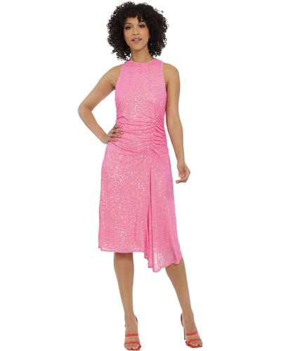 Maggy London Sleeveless Dress With Ruched Waist And Asymmetric Hem Skirt Drape - Pink