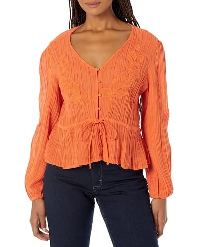 Guess Womens Long Sleeve Lensie Top Shirt - Orange