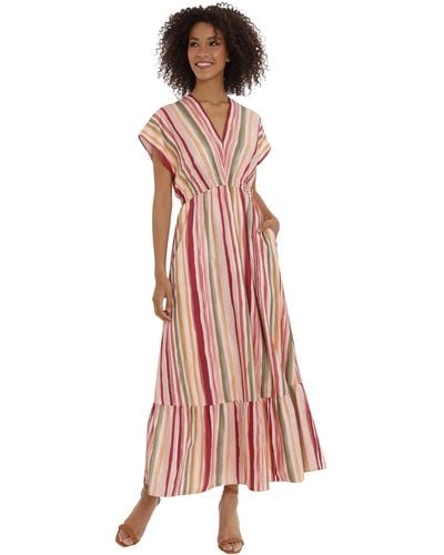Maggy London Stripe Printed Short Dolman Sleeved V-neck Tier Hem Maxi With Smocked Waist And Tie Back - Pink