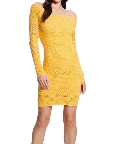 Guess Long Sleeve Open Back Crochet Amelie Dress - Yellow