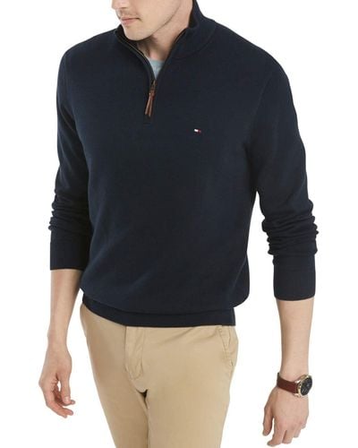 Tommy Hilfiger Mens Long Sleeve Cotton Quarter Zip Pullover Sweater - Blue