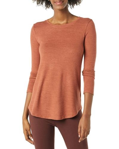 Daily Ritual Cozy Knit Standard-fit Long-sleeve Shirttail Hem Crewneck Shirt - Brown