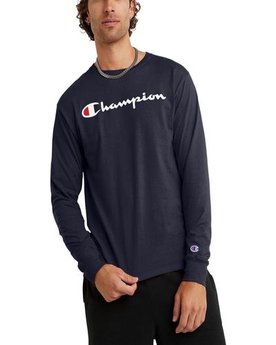 Champion T, Classic Jersey Long-sleeve Tee Shirt For , Script, Navy-y06794, Xx-large - Blue