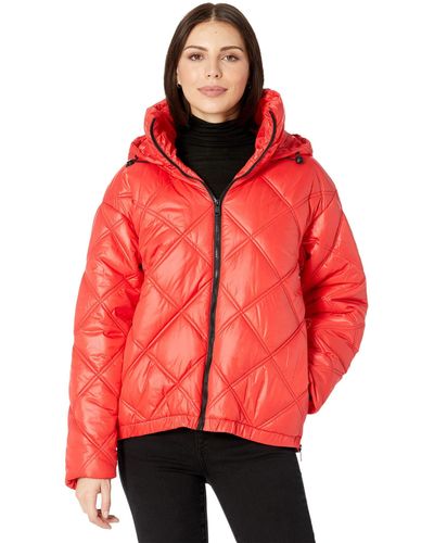 Kenneth Cole Womens Short Hooded Zip Puffer Quilted Jacket - Red