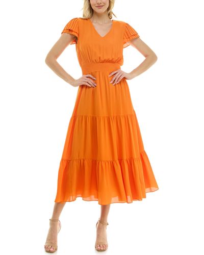 Nanette Lepore Tiered Pull On Fully Lined Dress With Smock Waist And Pleated Flutter Sleeve - Orange