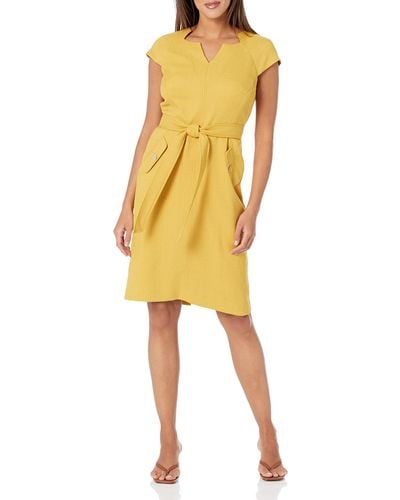 Kasper V Nk Cap Sleeve Belted Dress - Yellow