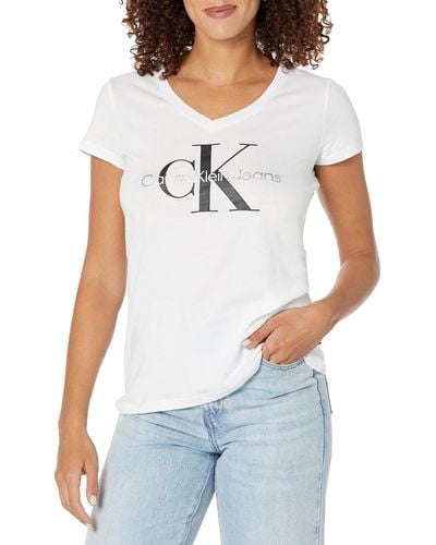 Calvin Klein Foil Monogram Logo V-neck Short Sleeve Iconic Tee - White