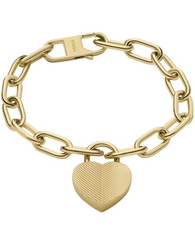 Fossil Harlow Linear Texture Heart Gold-tone Stainless Steel Station Bracelet - Metallic