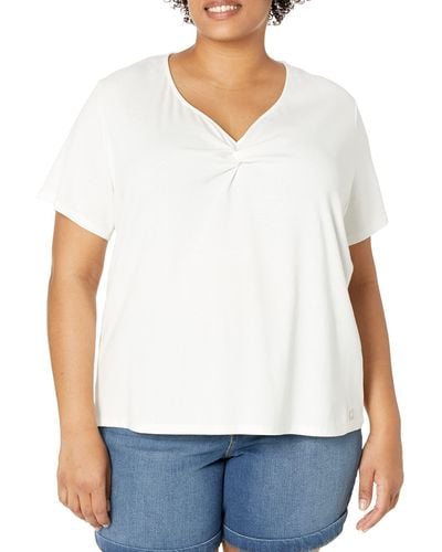 Calvin Klein Plus Size 1x1 Rib Cotton Twist Detail Short Sleeve V Neck T Shirt - White
