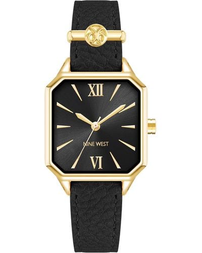 Nine West Quartz Square Black Faux Leather Band Watch