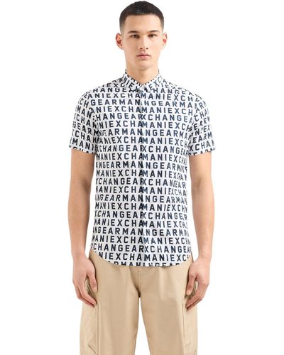 Armani Exchange Slim Fit Short Sleeve Ax Text Print Button-down Shirt - White