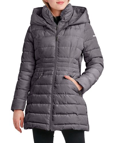 Laundry by Shelli Segal 3/4 Puffer Jacket With Hood And Velvet Trim - Gray