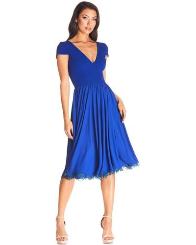 Dress the Population S Corey Cap Sleeve Plunge Neck Fit And Flare Knee Length Dress - Blue