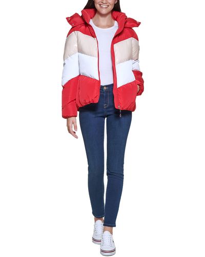 Tommy Hilfiger Multi Color Chevron Striped Hooded Short Puffer Jacket - Red