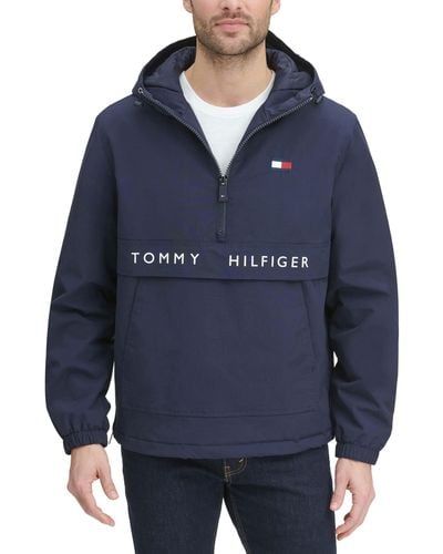 Tommy Hilfiger Performance Fleece Lined Hooded Popover Jacket Rain - Blue