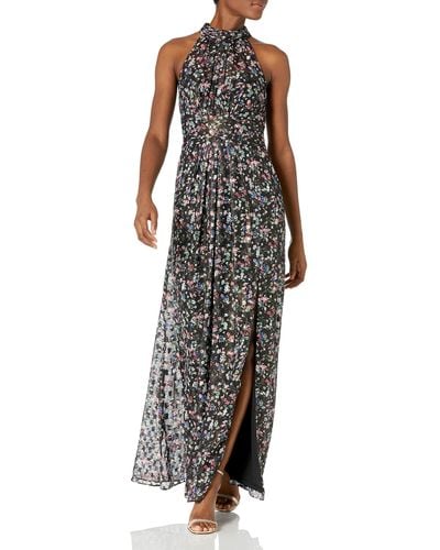 Adrianna Papell Foiled Printed Chiffon Gown - Black