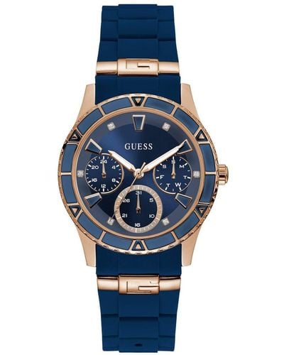 Guess Stainless Steel Quartz Watch With Leather Calfskin Strap, Blue, 16 (model: U1136l4)