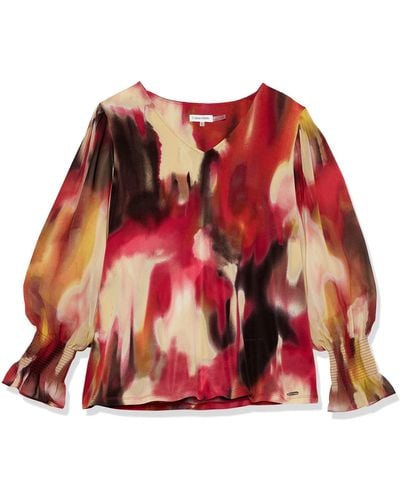 Calvin Klein Plus Size Everyday Smocked Cuff Printed Long Sleeve Blouse - Red