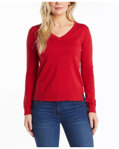 Nautica Womens Effortless J-class Long Sleeve 100% Cotton V-neck Sweater - Red