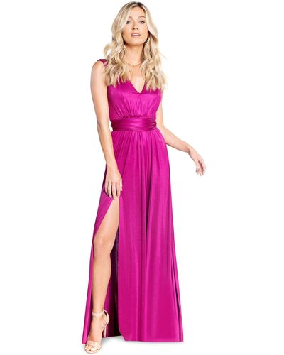 Dress the Population Krista V Neck Tie Waist Coated Jersey Slit Front Maxi Dress - Pink
