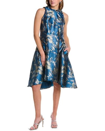 Adrianna Papell Ruffle Trim Printed Jacquard Halter Dress - Blue
