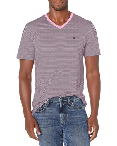 Tommy Hilfiger Short Sleeve Striped V-neck Cotton T-shirt - Purple