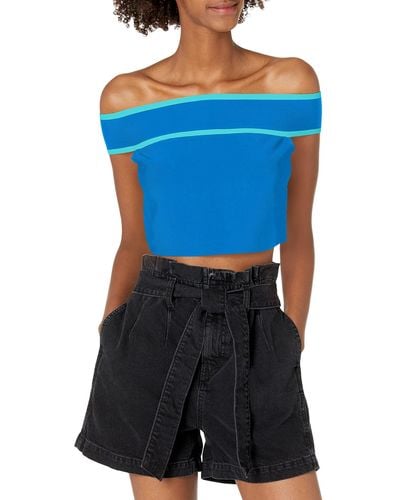 BCBGMAXAZRIA Off The Shoulder Crop Sweater Top - Blue