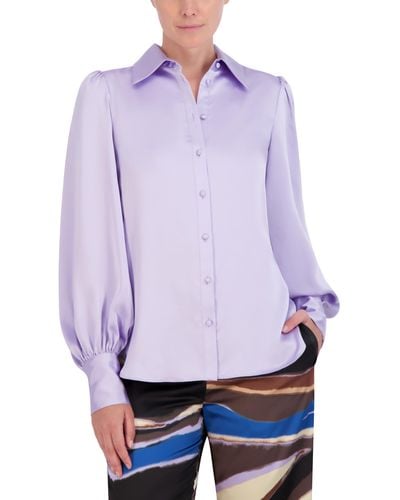 BCBGMAXAZRIA Long Balloon Sleeve Collar Neck Satin Shirt - Purple