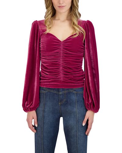 BCBGeneration Fitted Long Sleeve Top Sweetheart Neck Ruched Bodice Shirt - Red
