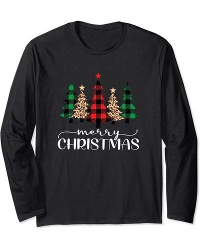 Ash Merry Christmas Holiday Plaid Christmas Tree & Leopard Print Long Sleeve T-shirt - Black