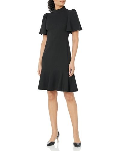 Calvin Klein Ruffle Sleeves High Neck Scuba Crepe Dress - Black