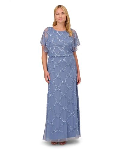 Adrianna Papell Plus Size Beaded Blouson Gown - Blue