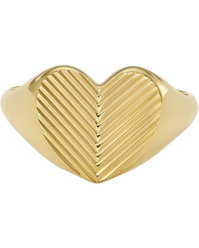 Fossil Harlow Linear Texture Heart Gold-tone Stainless Steel Signet Ring - Yellow