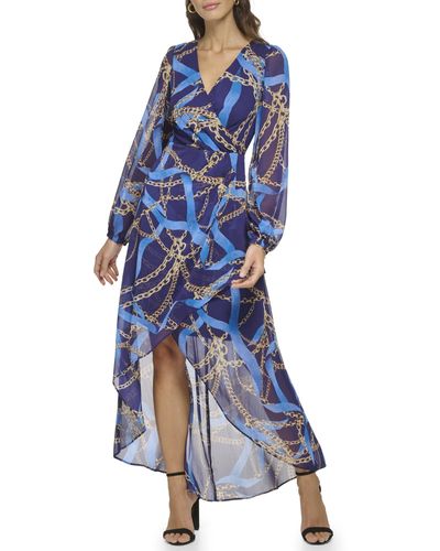 Guess Long Sleeve Scarf Print Chiffon Maxi Dress - Blue