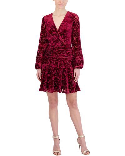 BCBGMAXAZRIA Fit And Flare Mini Dress Long Sleeve Velvet Ruffle Skirt - Red