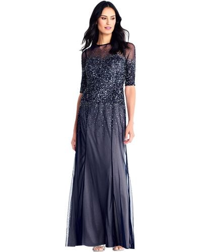 Adrianna Papell 3/4 Sleeve Beaded Illusion Gown With Sweetheart Neckline - Blue