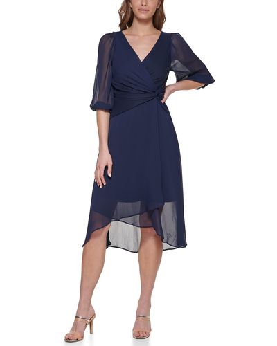 DKNY Chiffon 3/4 Sleeve Faux Wrap Dress - Blue
