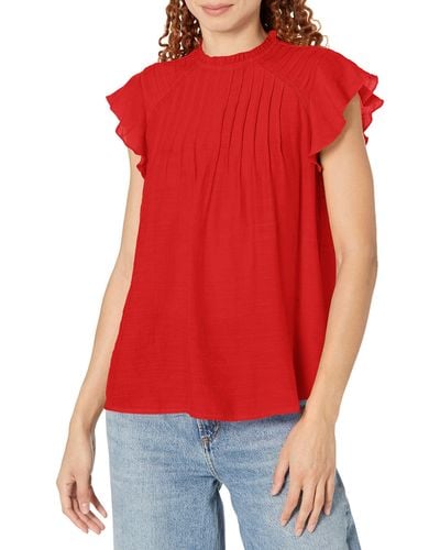 Nanette Lepore Short Sleeve High Ruffle Neck Woven Top With Pintuck Details - Red