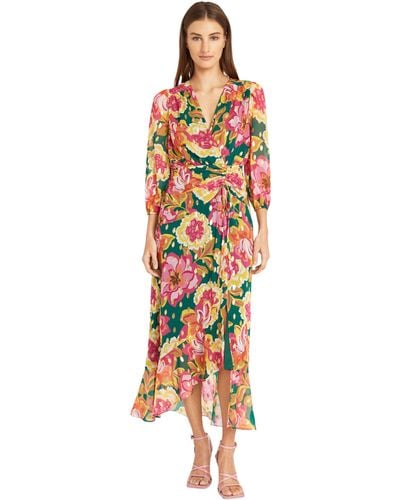 Donna Morgan Foil Printed Wrap Look With Ruching Details | Long Sleeve Maxi Dress - Multicolor