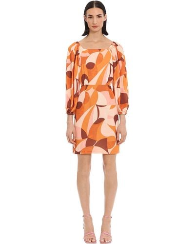 Donna Morgan Long Sleeved Squared Boat Neck Dress Event Party Occasion Guest Of - Orange