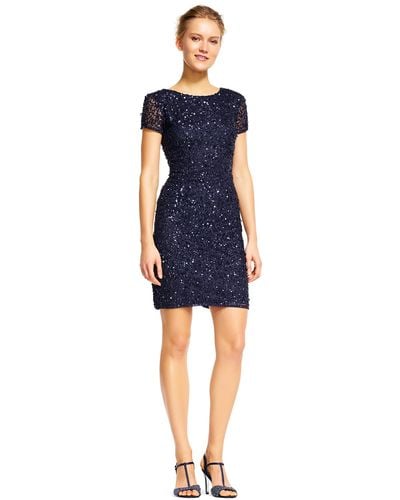 Adrianna Papell Cap Sleeve Fully Beaded Cocktail Dress With Scoop Back - Blue