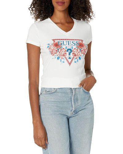 Guess Short Sleeve V Neck Roses Triangle Tee Shirt - Blue