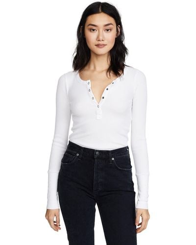Splendid Long Sleeve Thermal Henley Shirt | Cozy Pima Cotton Blend | White | X-small