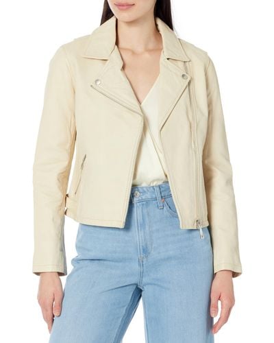 Guess Essential Real Leather Moto Jacket - Natural
