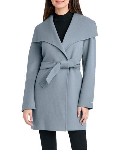 Tahari Lightweight Wool Wrap Coat With Tie Belt - Blue
