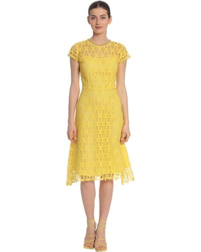 Maggy London Cap Sleeve Knee Length Lace Dress With Back V-neck - Yellow