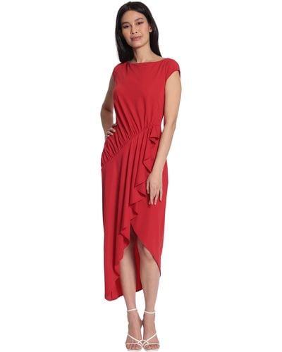 Maggy London Cap Sleeve Hi-low Dress With Asymmetric Draping - Red
